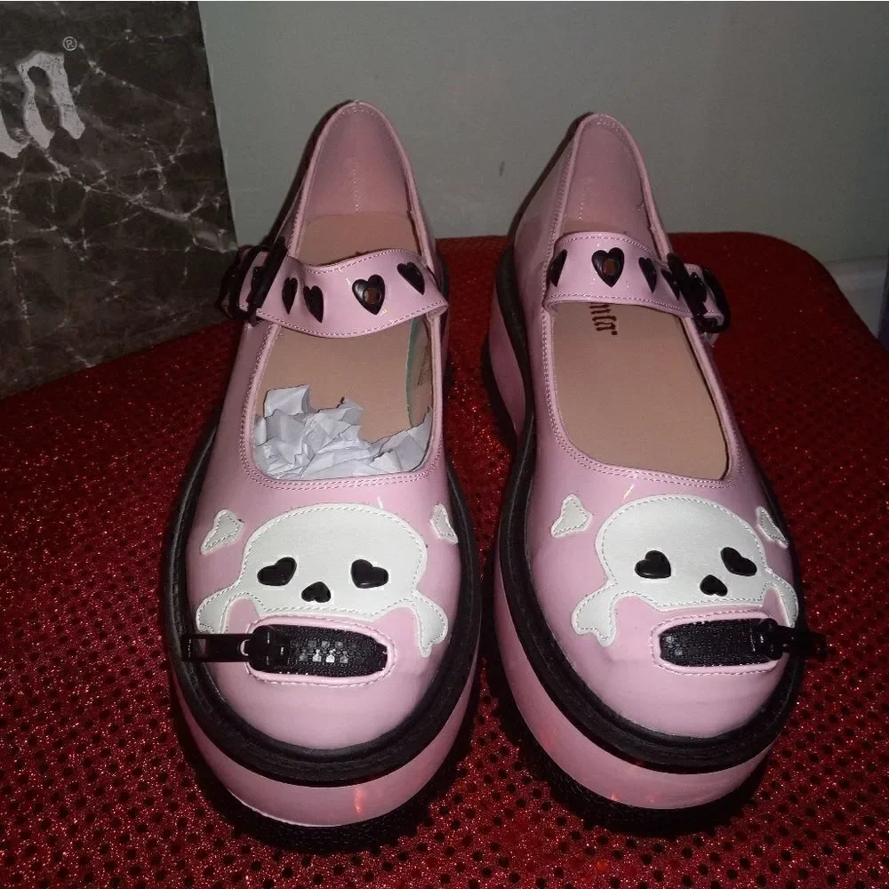 Demonia Patent Leather Candy Holographic Skull Maryjanes